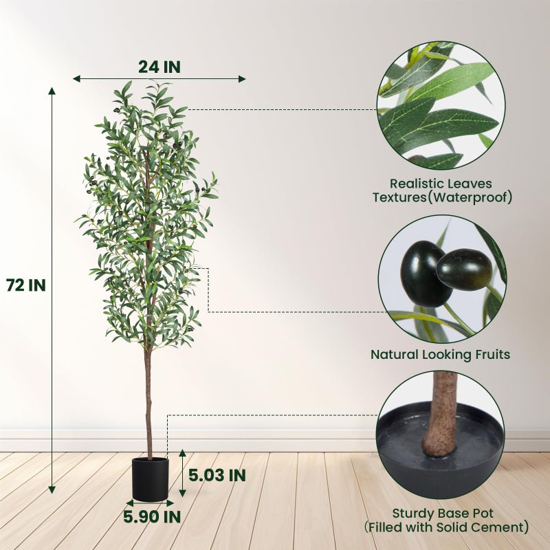 CETRD Artificial Olive Tree, 6FT Tall Faux Olive Trees 72in Outdoor Fake Potted Silk Plant with Trunk and Realistic 648 Leaves and 24 Fruits for Modern Office Home Decor Indoor 2Pack - Image 2
