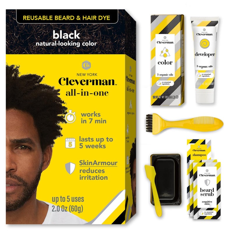 CLEVERMAN Reusable Hair & Beard Dye for Black Men â€“ Black | Up to 5 Uses, 7 Minutes | Natural Gray Coverage, No-Drip Cream with SkinArmourÂ® â€“ Cleverman - Image 1