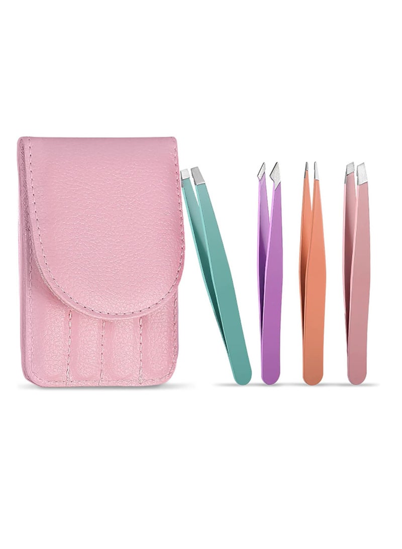 Red Blossom 4 PCS Stainless Steel Tweezers for Eyebrows - Colorful Pack, Pink Tweezers, Travel Case, Great Precision for Facial Hair, Splinter and Ingrown Hair Removal, Men Women Kids  - Image 1