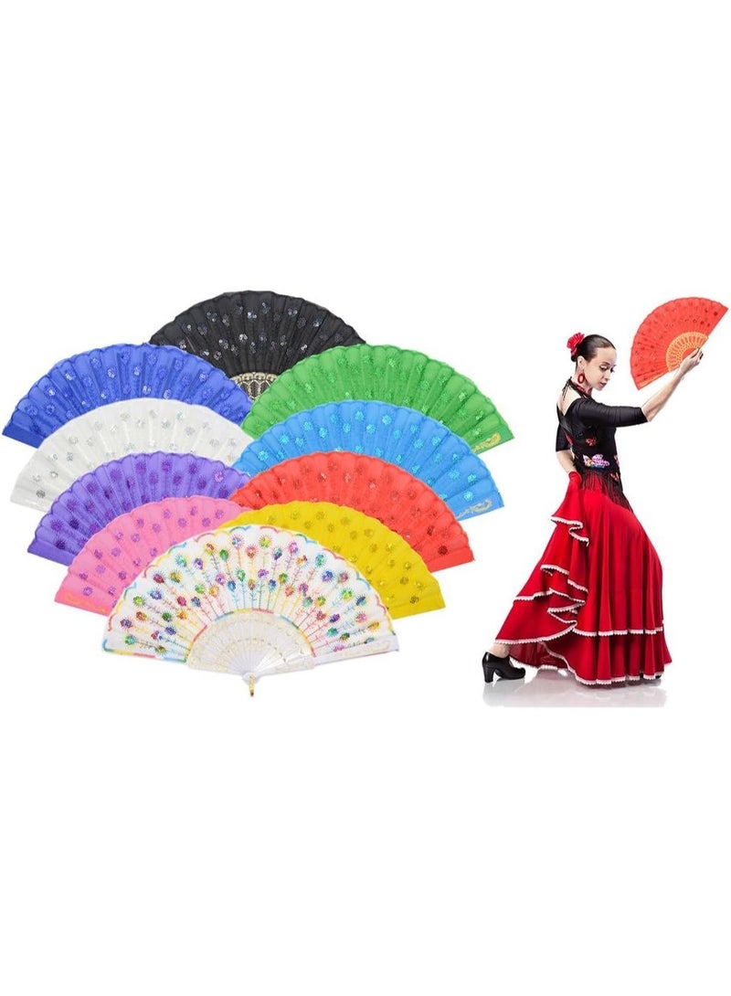 Women's foldable hand fans featuring colorful peacock-tail-inspired designs – classic Spanish-style fans suitable for weddings, décor, and gifts (assorted colors, set of 12). - Image 3