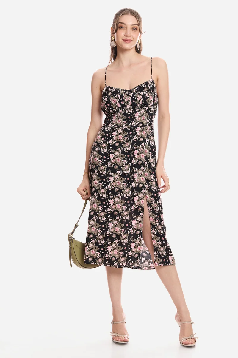 فيرجيو Floral Cotton Midi Dress With Slit for Women