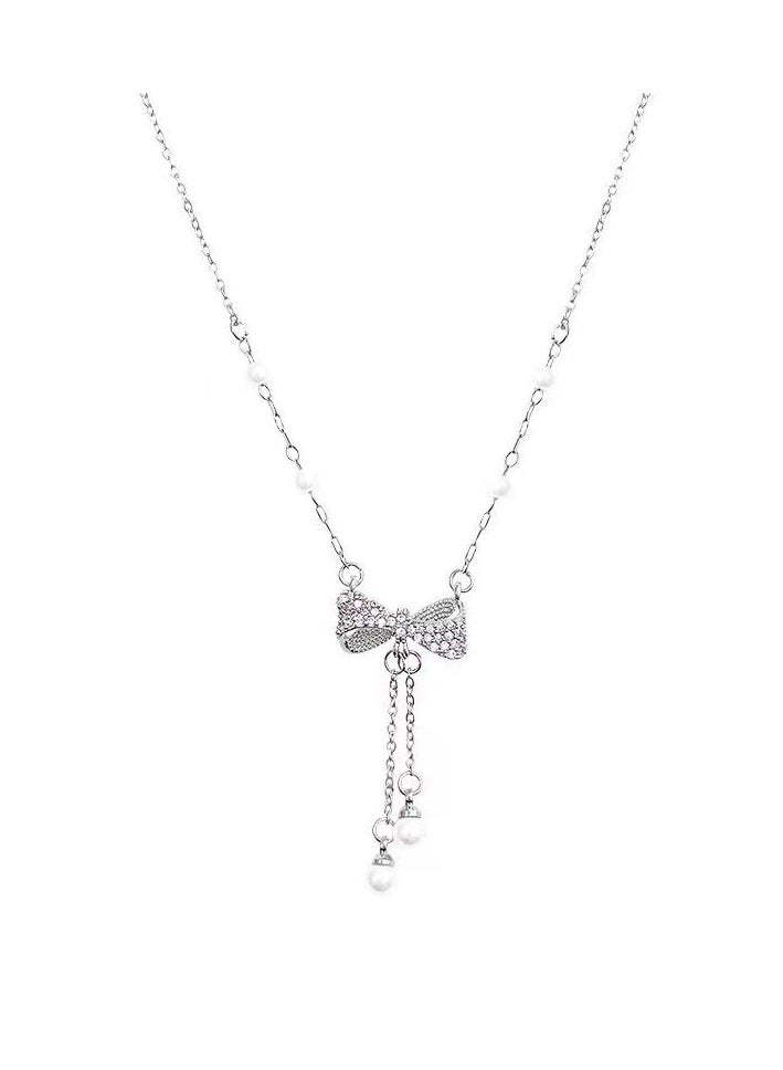 Goolsky Elegant Pearl Bow Tassel Necklace – Light Luxury Feminine Pendant | Dainty Collarbone Chain for Women  - Image 1