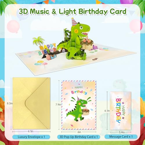 JUESMOS Dinosaur Musical Birthday Cards for Kids, Light and Music Happy Birthday Card with Envelope and Notecard, 3D Pop Up Dinosaur Cards, Birthday Gifts Card for Boys Girls Kids Son Grandson Him Her - Image 3