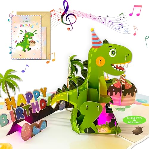 JUESMOS Dinosaur Musical Birthday Cards for Kids, Light and Music Happy Birthday Card with Envelope and Notecard, 3D Pop Up Dinosaur Cards, Birthday Gifts Card for Boys Girls Kids Son Grandson Him Her - Image 1