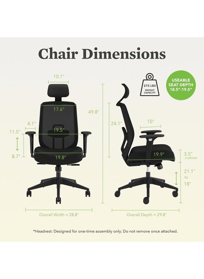 HON كرسي مكتب بديل مريح مع مسند رأس، ذراعين، عجلات، مقعد مبطن بالفوم، كرسي مكتب منزلي مريح، ذراعين قابلين للتعديل، ميل متزامن، انزلاق المقعد، أسود - Image 2