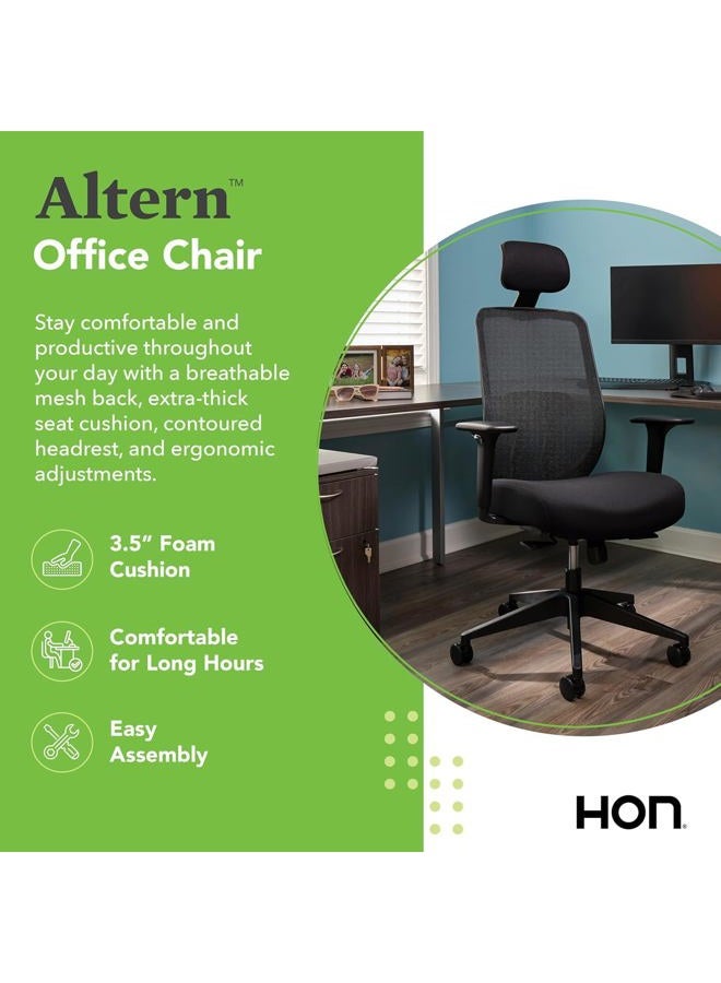 HON كرسي مكتب بديل مريح مع مسند رأس، ذراعين، عجلات، مقعد مبطن بالفوم، كرسي مكتب منزلي مريح، ذراعين قابلين للتعديل، ميل متزامن، انزلاق المقعد، أسود - Image 3