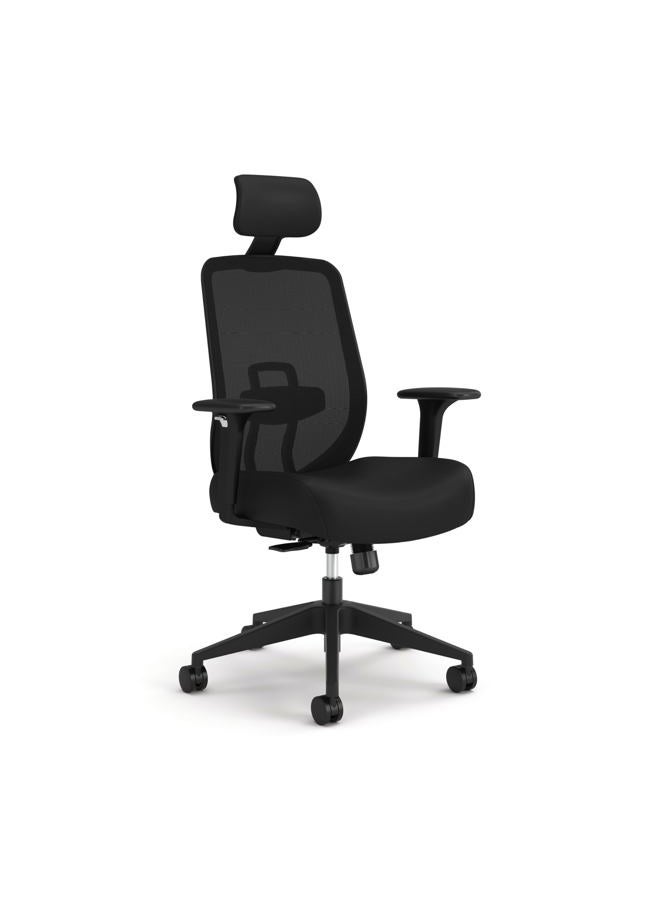 HON كرسي مكتب بديل مريح مع مسند رأس، ذراعين، عجلات، مقعد مبطن بالفوم، كرسي مكتب منزلي مريح، ذراعين قابلين للتعديل، ميل متزامن، انزلاق المقعد، أسود - Image 1