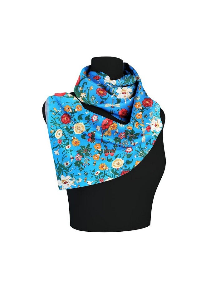 Threads & Yarn Scarf for Women Square Satin Silk Like Fashion Accessory Scarves Hijab Wraps Headscarf Size 90 x 90 cms (Floral_Multicolor_Blue) - Image 2