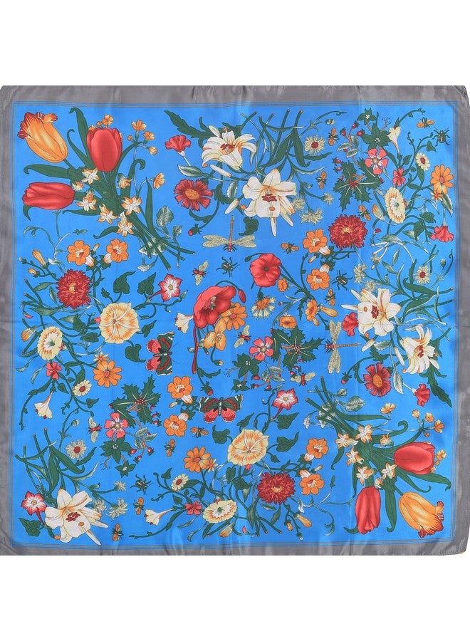 Threads & Yarn Scarf for Women Square Satin Silk Like Fashion Accessory Scarves Hijab Wraps Headscarf Size 90 x 90 cms (Floral_Multicolor_Blue) - Image 5
