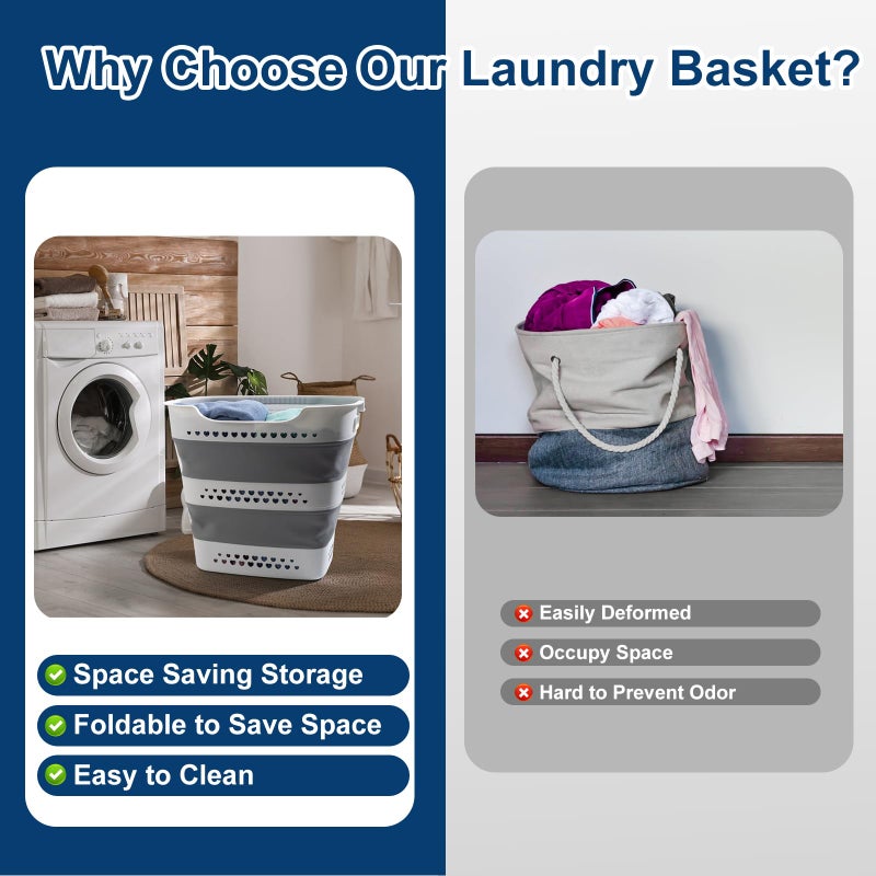 Alyster Collapsible Laundry Baskets Foldable Pop Up Laundry Hamper Plastic with Comfort Handles Folding Laundry Basket Space Saving Portable Dirty Clothes Hamper Storage Container/Organizer (Grey, 2 Packs) - Image 5