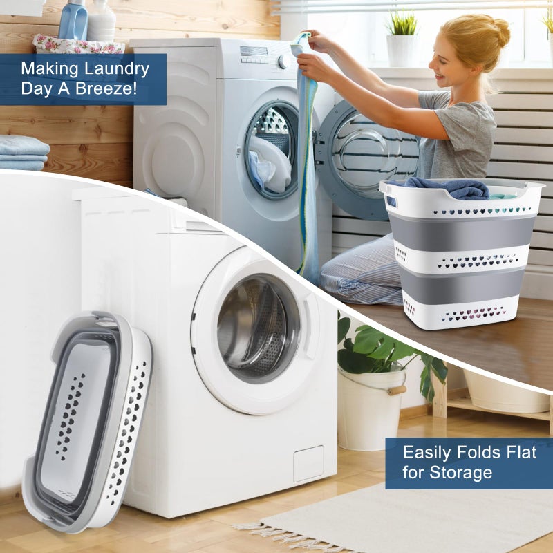 Alyster Collapsible Laundry Baskets Foldable Pop Up Laundry Hamper Plastic with Comfort Handles Folding Laundry Basket Space Saving Portable Dirty Clothes Hamper Storage Container/Organizer (Grey, 2 Packs) - Image 2