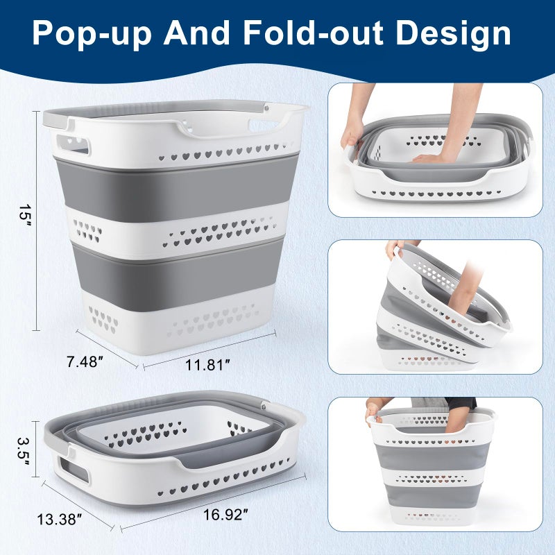 Alyster Collapsible Laundry Baskets Foldable Pop Up Laundry Hamper Plastic with Comfort Handles Folding Laundry Basket Space Saving Portable Dirty Clothes Hamper Storage Container/Organizer (Grey, 2 Packs) - Image 3