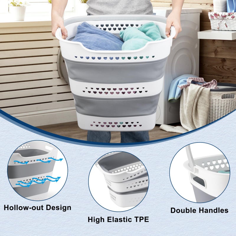 Alyster Collapsible Laundry Baskets Foldable Pop Up Laundry Hamper Plastic with Comfort Handles Folding Laundry Basket Space Saving Portable Dirty Clothes Hamper Storage Container/Organizer (Grey, 2 Packs) - Image 4