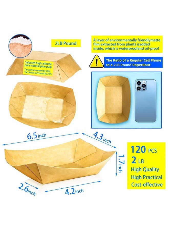 MotBach 120 Pcs Brown Kraft Paper Disposable Recyclable Eco-friendly Food Serving Boats Take Out Food Trays Party Supplies for Tacos, Nachos, Crawfish, French Fries - Image 2