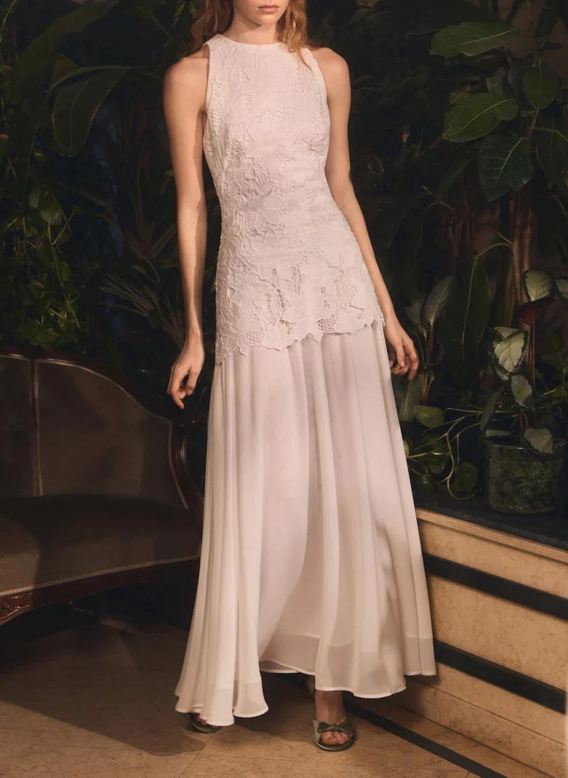 Maxi dress with guipure bodice and lightweight skirt