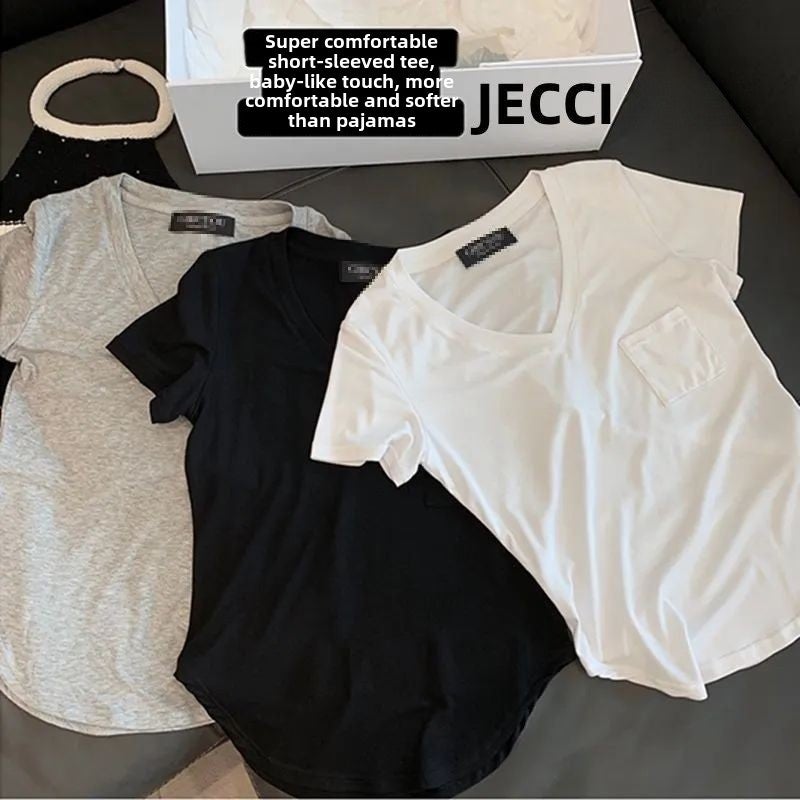 2024 Summer V-Neck Chiffon T-Shirt Women White