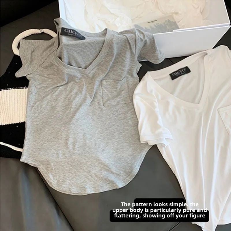 2024 Summer V-Neck Chiffon T-Shirt Women White