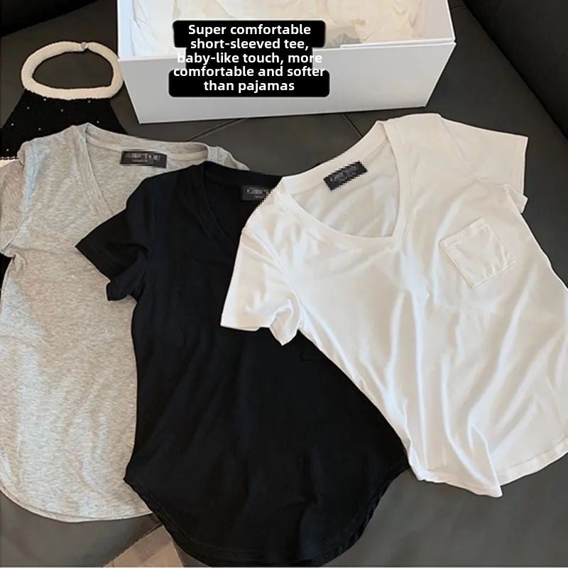2024 Summer V-Neck Chiffon T-Shirt Women White
