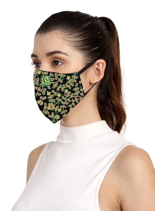Anekaant 3-Ply Black & Multi Fluorescent Cotton Embroidered Fabric Fashion Mask - Image 2