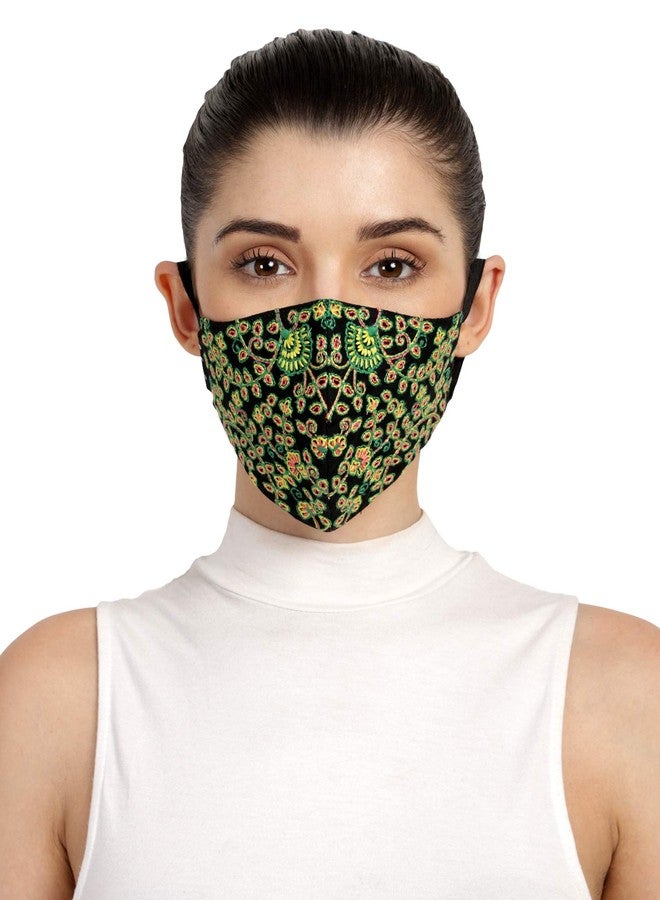 Anekaant 3-Ply Black & Multi Fluorescent Cotton Embroidered Fabric Fashion Mask - Image 1