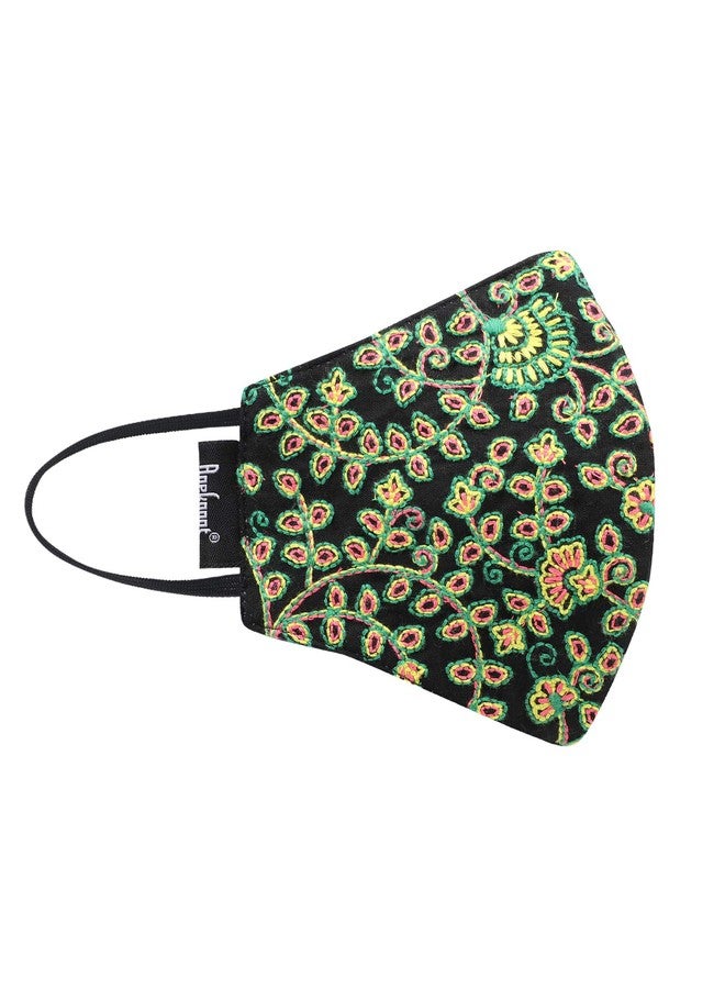 Anekaant 3-Ply Black & Multi Fluorescent Cotton Embroidered Fabric Fashion Mask - Image 4