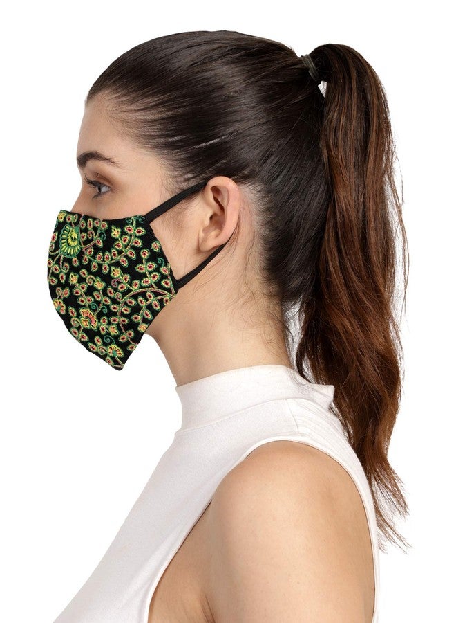 Anekaant 3-Ply Black & Multi Fluorescent Cotton Embroidered Fabric Fashion Mask - Image 3