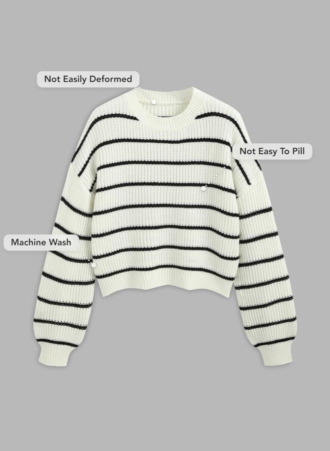 CIDER Women's Cropped Striped Sweater Long Sleeve Crew Neck Trendy Pullover Tops, White, L - Image 4