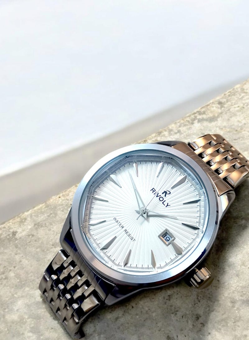 ريفولي ساعة يد للرجال من الستانلس ستيل بعرض انالوج وحركة كوارتز وعرض التاريخ، سهلة القراءة بتصميم عصري مقاوم للماء، ساعة يد كلاسيكية فاخرة بواجهة كبيرة - Image 1