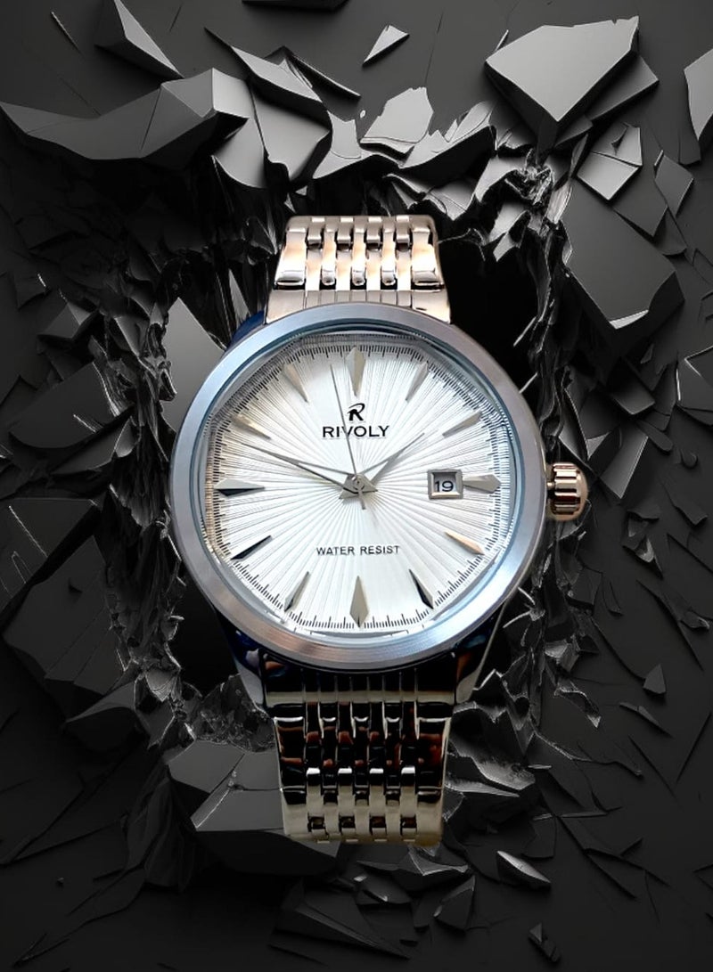 ريفولي ساعة يد للرجال من الستانلس ستيل بعرض انالوج وحركة كوارتز وعرض التاريخ، سهلة القراءة بتصميم عصري مقاوم للماء، ساعة يد كلاسيكية فاخرة بواجهة كبيرة - Image 3