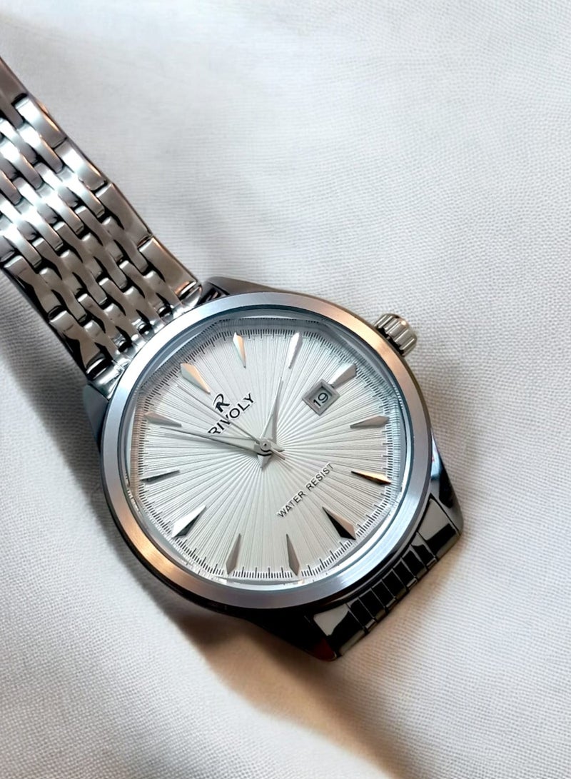 ريفولي ساعة يد للرجال من الستانلس ستيل بعرض انالوج وحركة كوارتز وعرض التاريخ، سهلة القراءة بتصميم عصري مقاوم للماء، ساعة يد كلاسيكية فاخرة بواجهة كبيرة - Image 4
