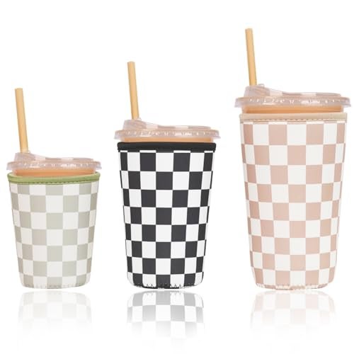 Haevola Reusable Insulated Neoprene Iced Coffee Cup Sleeve Durable Drink Sleeve for Cold Beverages Beverage Holder for Iced Coffee MultiTone Checkers - Image 1