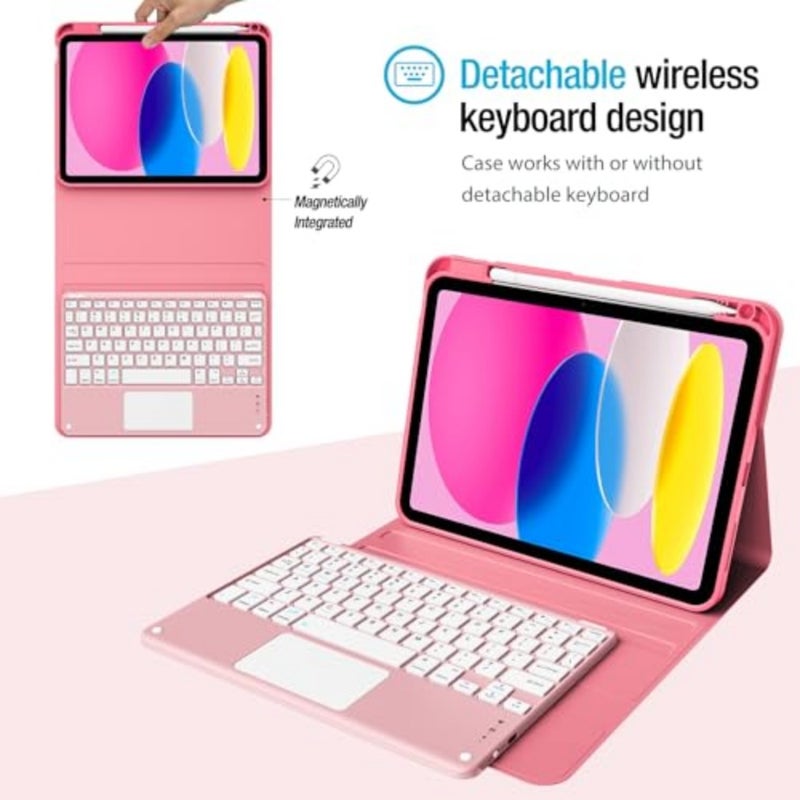 Touchpad Keyboard Case for iPad 11th A16 / 10th Gen, Pink Multi-TrackPad Detachable Wireless Keyboard Folio Cover with Pencil Holder for iPad 11th/10th Generation - Image 4