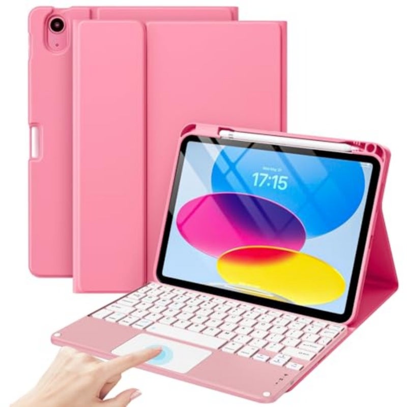Touchpad Keyboard Case for iPad 11th A16 / 10th Gen, Pink Multi-TrackPad Detachable Wireless Keyboard Folio Cover with Pencil Holder for iPad 11th/10th Generation - Image 1