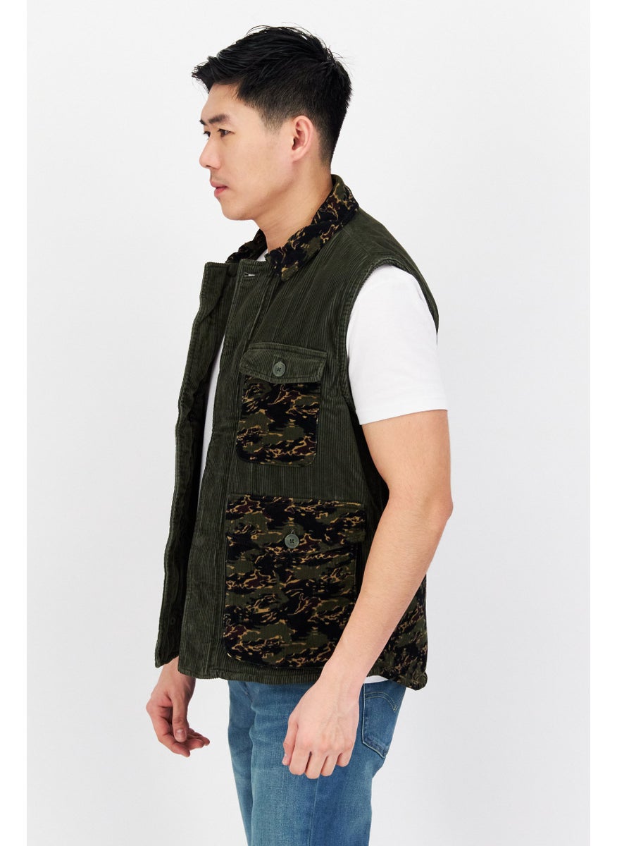 Sun Stone Men Spread Collar Corduroy Sleeveless Vests, Olive  - Image 4
