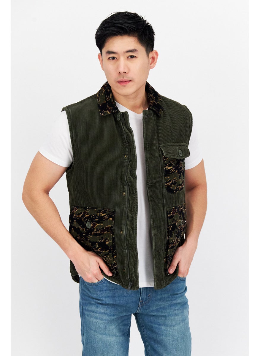 Sun Stone Men Spread Collar Corduroy Sleeveless Vests, Olive  - Image 1