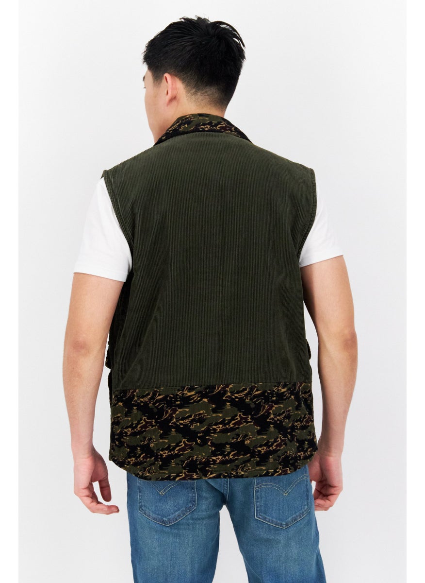 Sun Stone Men Spread Collar Corduroy Sleeveless Vests, Olive  - Image 2