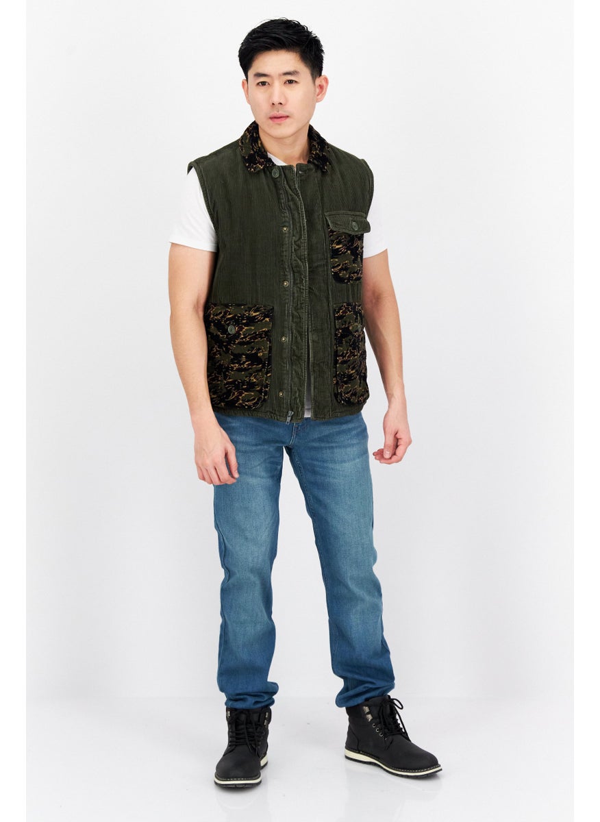 Sun Stone Men Spread Collar Corduroy Sleeveless Vests, Olive  - Image 3