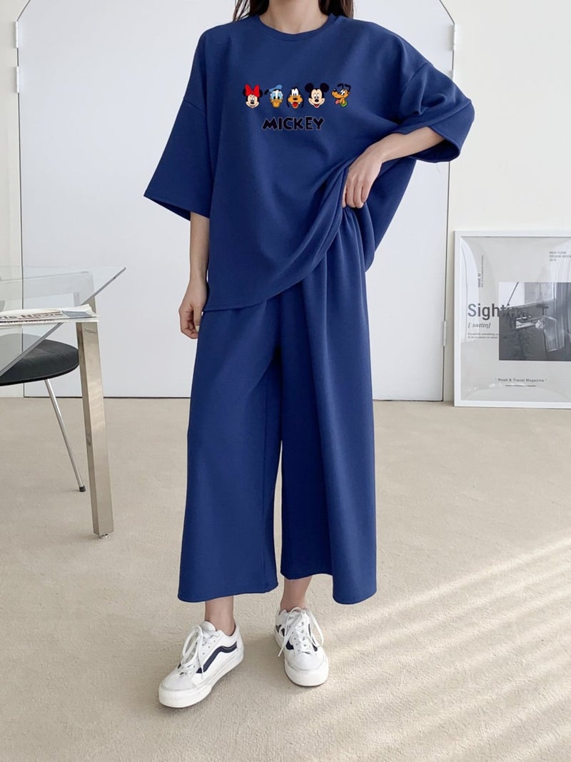 2024 Spring Summer Casual Chic Womens Tee and Wide-Leg Pants Set Blue  - Image 1