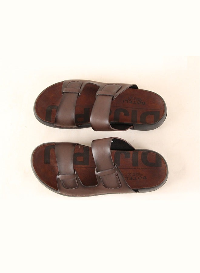 BOTELI Men's 40-45 Large Size Brown Leather Velcro Slide Sandals - Comfort Soft Sole For Casual & Outdoor Use - Image 3