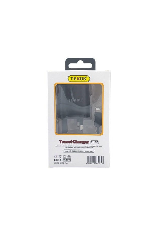 Texos TX-TC11 Dual USB Travel Charger with Lightning Cable - 15W - Image 2