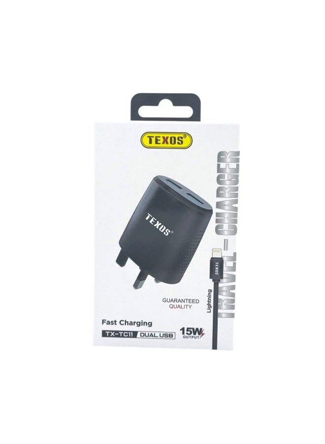 Texos TX-TC11 Dual USB Travel Charger with Lightning Cable - 15W - Image 1