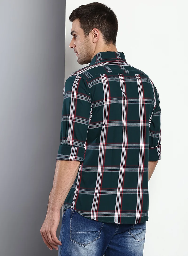 Dennis Lingo Slim Fit B-Green Men's Checkered Shirt, Spread Collar, Full Sleeves, Cotton,