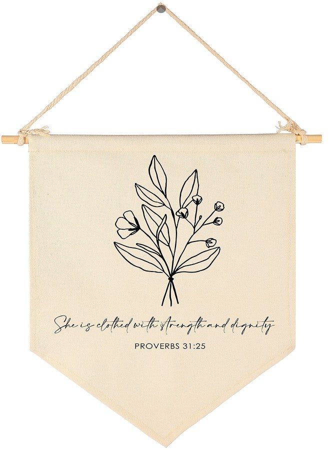 FYSIA Botanical Wall Art - Canvas Pennant Flag Banner - Proverbs 31:25 - Wall Decor for Nursery, Bedroom, Playroom - Lightweight, Unframed, Indoor - Image 1