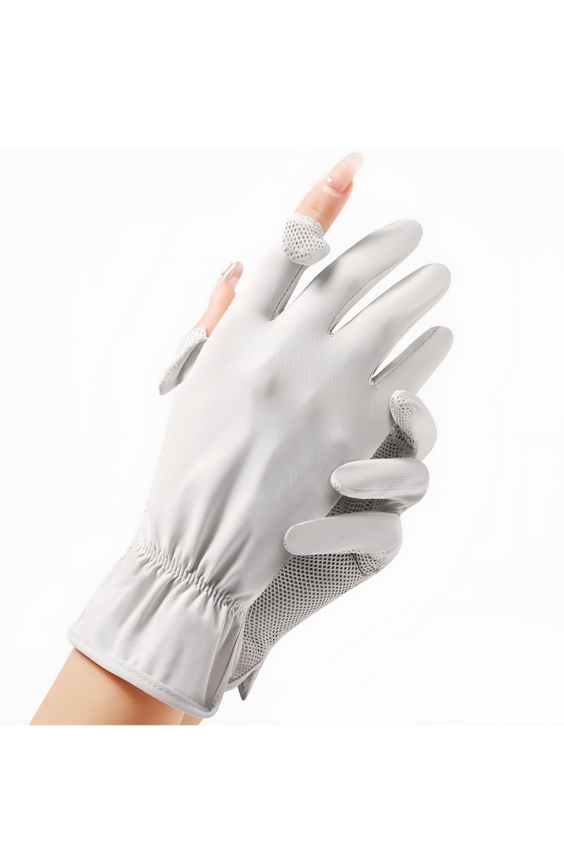 Women Summer UPF 50+ UV Sun Protection Gloves 2 Fingers Flip Mesh Cooling Breathable Touchscreen Anti Slip Mittens, Light Gray