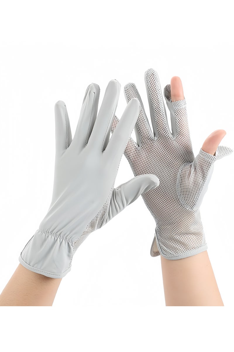 Women Summer UPF 50+ UV Sun Protection Gloves 2 Fingers Flip Mesh Cooling Breathable Touchscreen Anti Slip Mittens, Light Gray