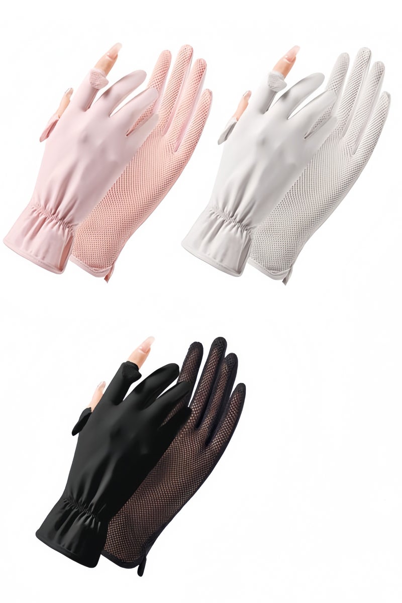 Women Summer UPF 50+ UV Sun Protection Gloves 2 Fingers Flip Mesh Cooling Breathable Touchscreen Anti Slip Mittens, Light Gray