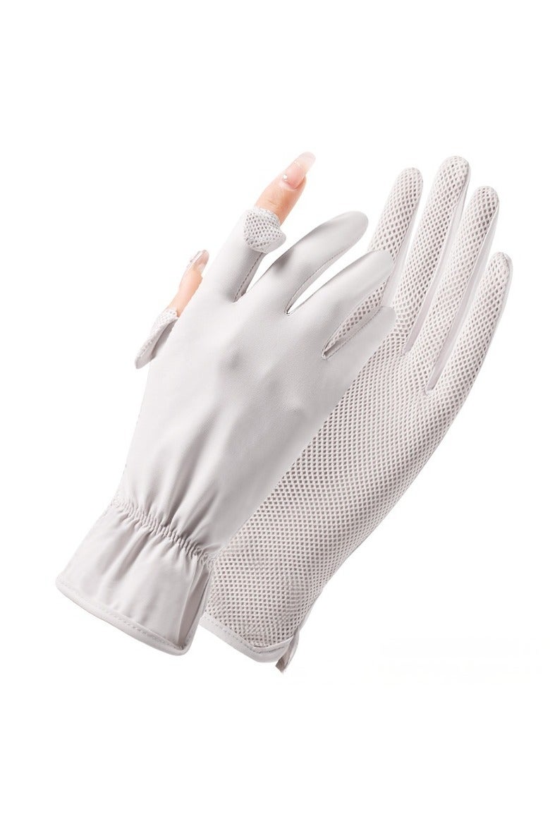Women Summer UPF 50+ UV Sun Protection Gloves 2 Fingers Flip Mesh Cooling Breathable Touchscreen Anti Slip Mittens, Light Gray