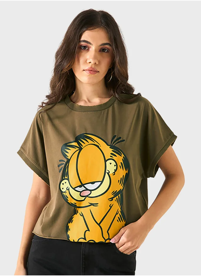 SP Characters Garfield Print Crew Neck T-Shirt