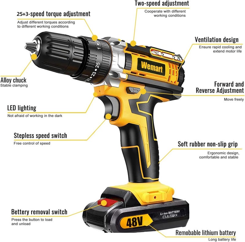 WEMART Cordless Drill Set, 48V Power Drill Set With Battery And Charger, Compact Driver/Drill Bits, 3/8'' Keyless Chuck, 25+3 Torque Setting, Electric Drill Set With Tool Bag - Image 4