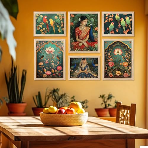 kotart Traditional Indian Wall Art Madhubani Paintings for Living Room Framed Wall Painting for Home Room Bedroom Office Wall Décor Pichwai Art Painting for Wall Decoration Wall Poster With frames Wall Paintings For Home Decoration Indian Wall Art Home Decor Frames Set of 6 Size - 10x13 inch or 13x17 inch (Art 9) - Image 1